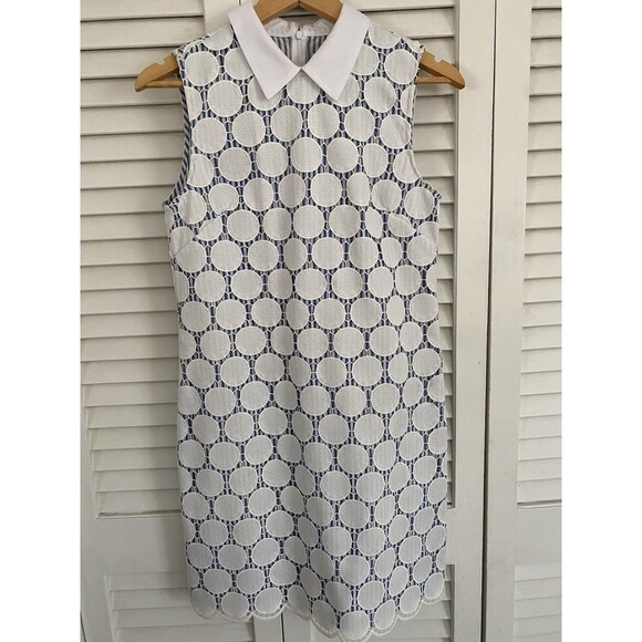 Jude Connally Collection Womens Dress Small White Geometric Blue Stripe - Picture 1 of 8